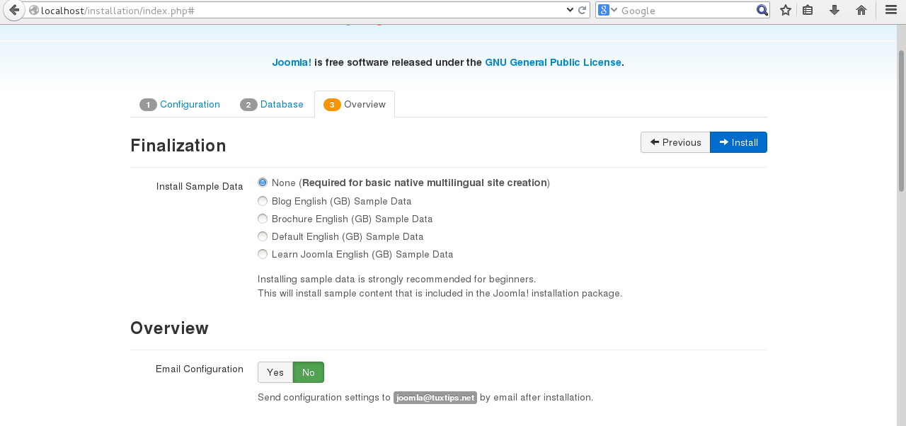 Joomla installation on CentOS 7 step 3